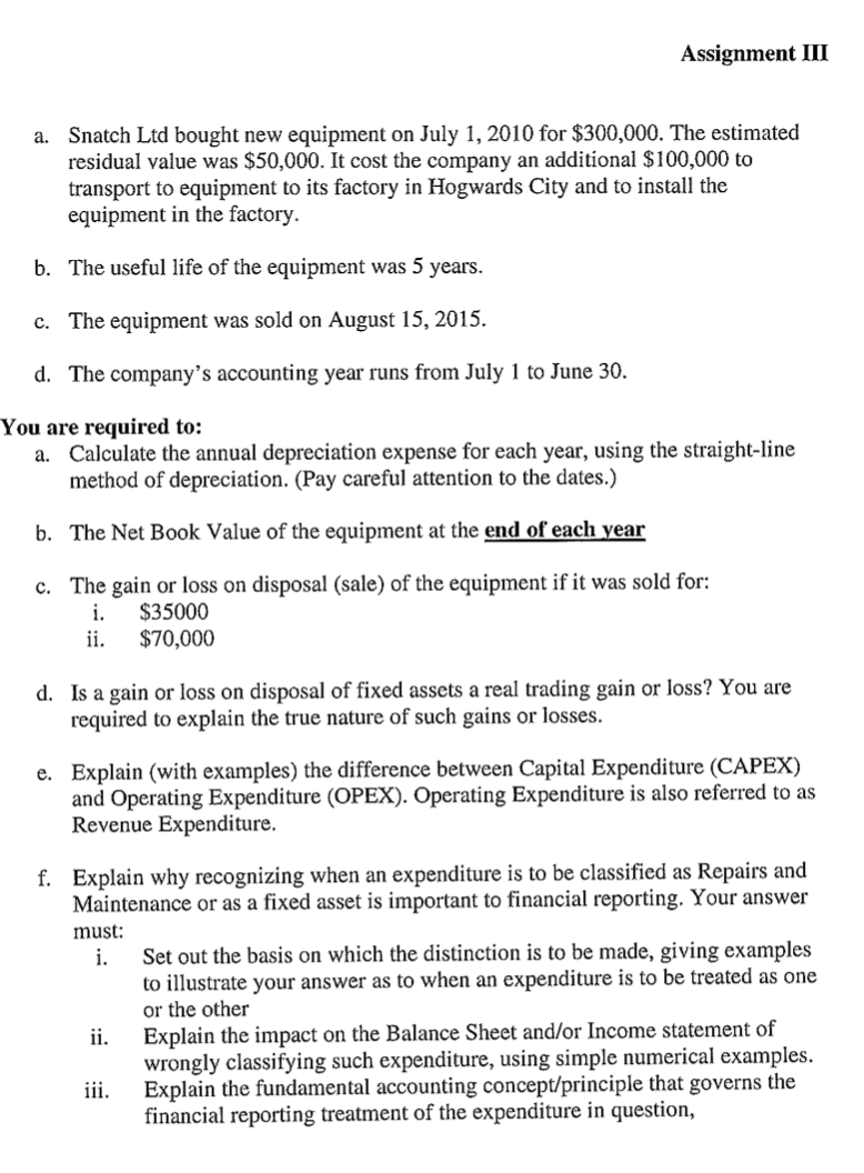  Assignment III a. Snatch Ltd bought new equipment on July 1,