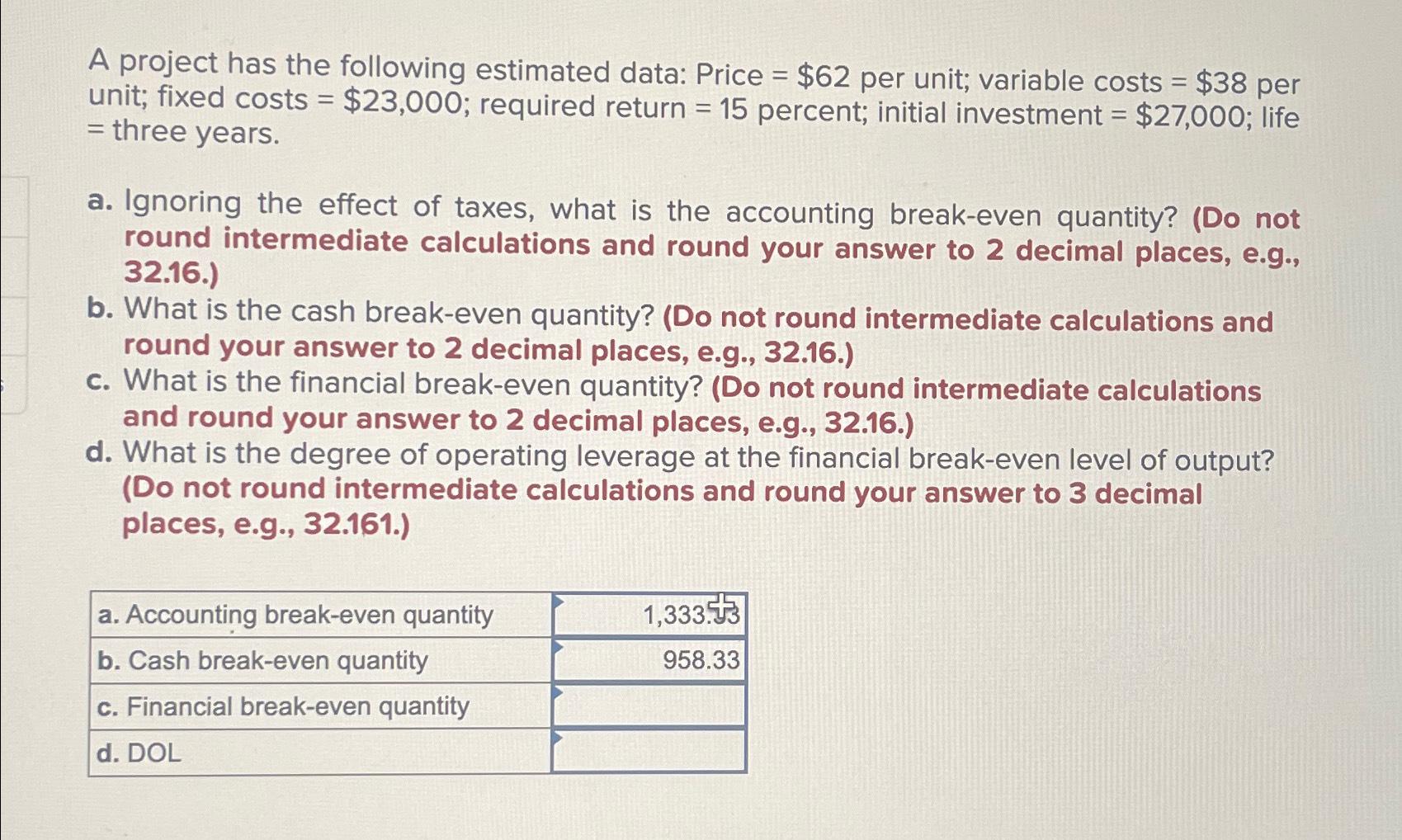  A project has the following estimated data: Price =$62 per unit;