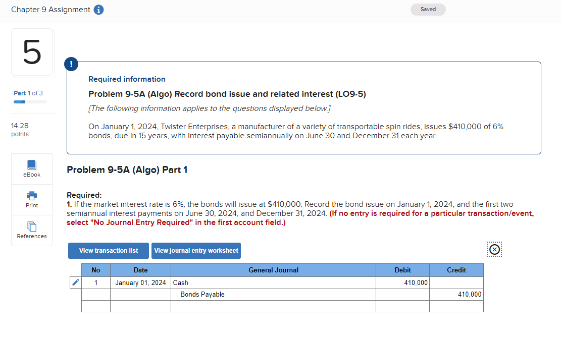  Required information Problem 9-5A (Algo) Record bond issue and related interest