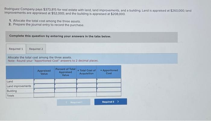  Rodriguez Company pays $373,815 for real estate with land, land improvements,