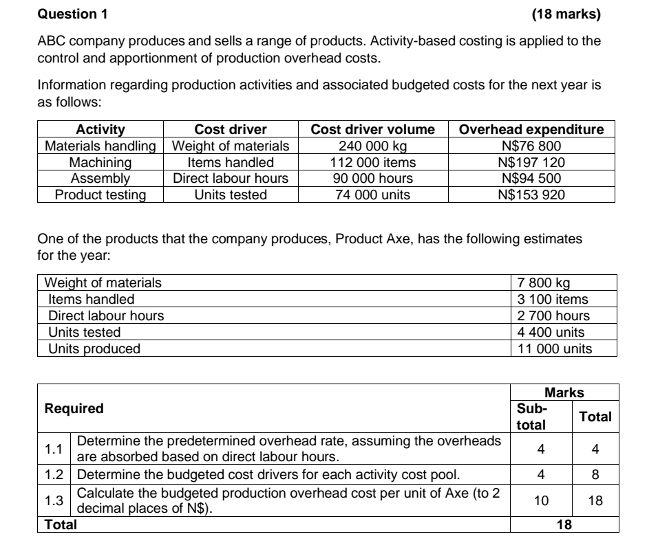 Question 1 (18 marks) ABC company produces and sells a range of