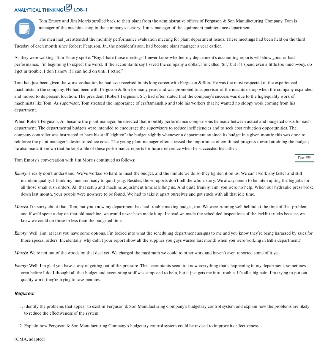  ANALYTICAL THINKING LO8-1 Tom Emory and Jim Morris strolled back to