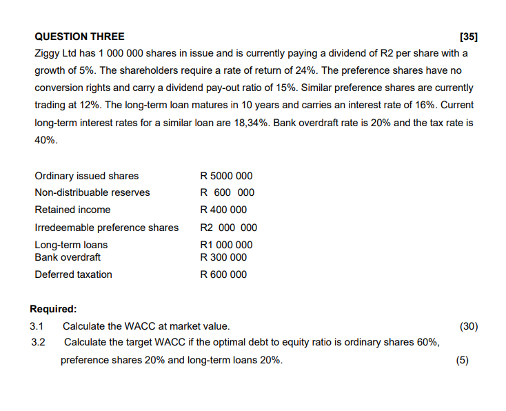  QUESTION THREE Ziggy Ltd has 1000000 shares in issue and is