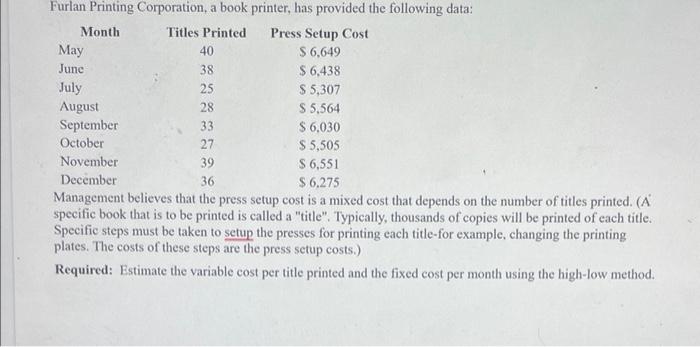 Estimate the variable cost per title printed and the fixed cost per