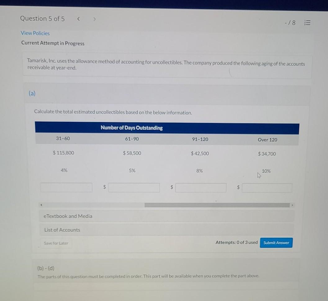 the below information. Number d Total 0-30 31-60 Accounts receivable $ 498,500