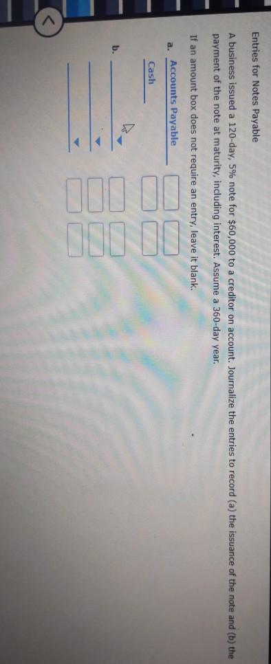 Entries for Notes Payable A business issued a 120-day, 5% note