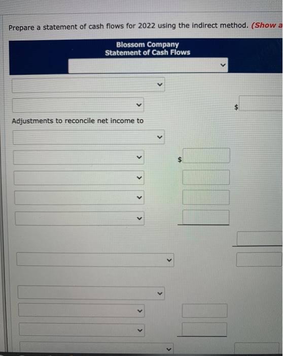 Blossom Company Comparative Balance Sheets December 31 Assets 2022 2021 Cash $