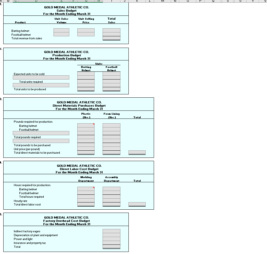  B H N a 1. GOLD MEDAL ATHLETIC CO. Sales Budget