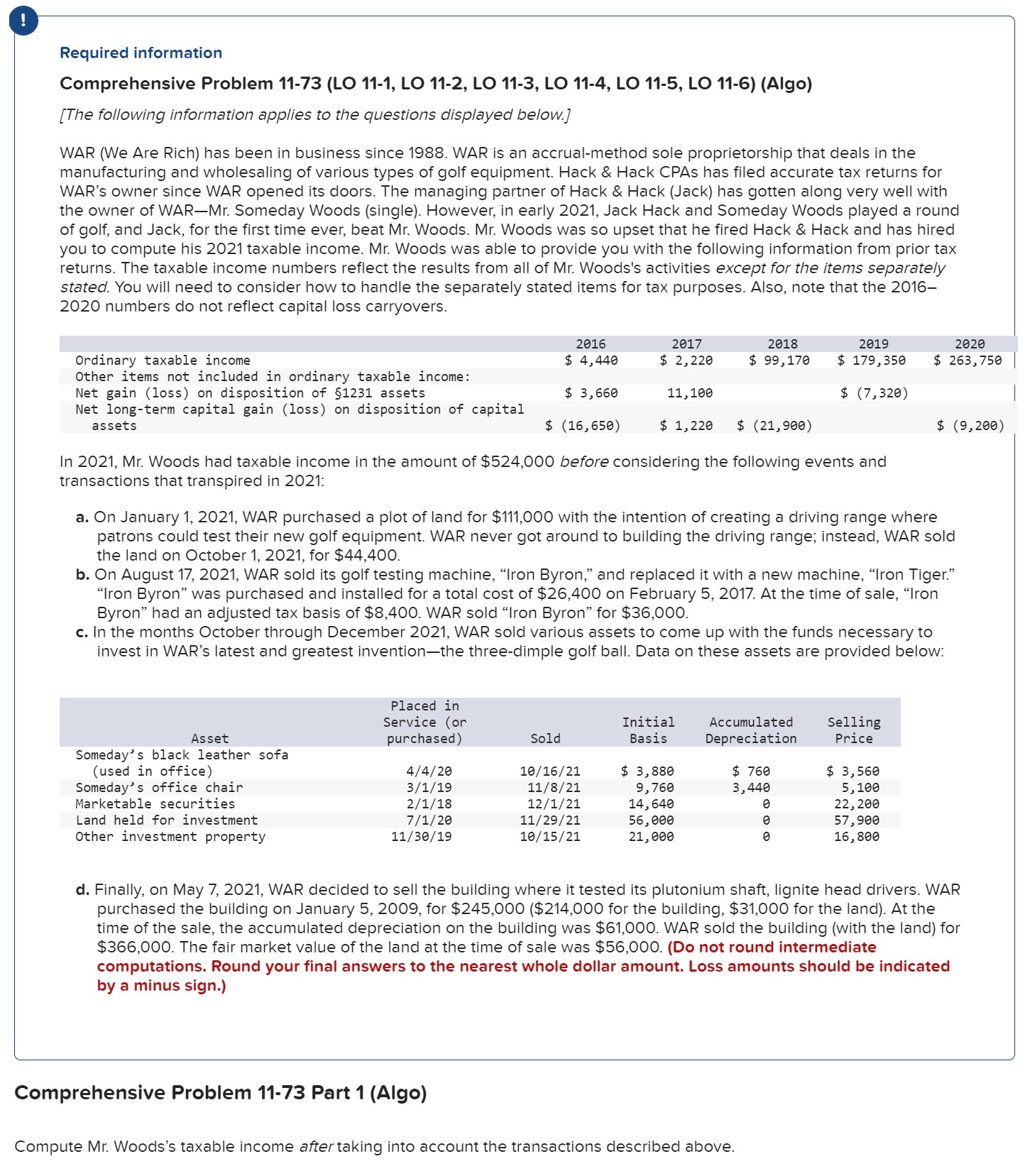  Required information Comprehensive Problem 11-73 (LO 11-1, LO 11-2, LO 11-3,