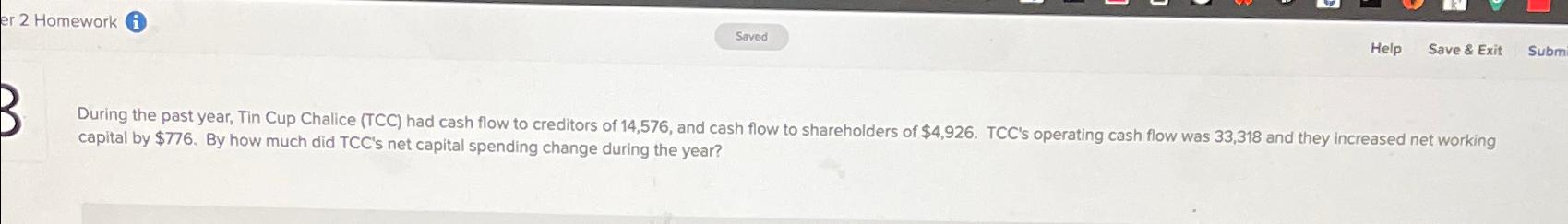  During the past year, Tin Cup Chalice (TCC) had cash flow