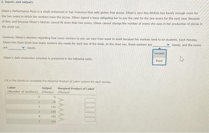  2. Inputs and outputs Elleen's Performance Pizza is a small restaurant