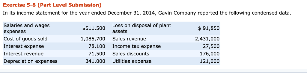 Exercise 5-8 (Part Level Submission) In its income statement for the