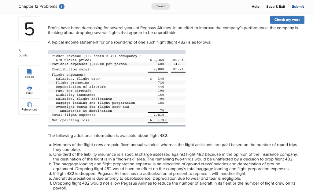 Chapter 12 Problems Saved Help Save& Exit Submit Check my work