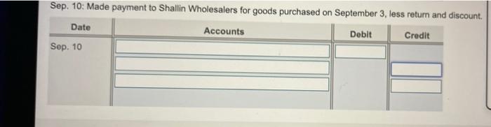 help with the transactions please Sep. 10: Made payment to Shallin Wholesalers