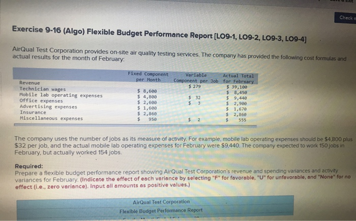  SE Check Exercise 9-16 (Algo) Flexible Budget Performance Report [LO9-1, LO9-2,