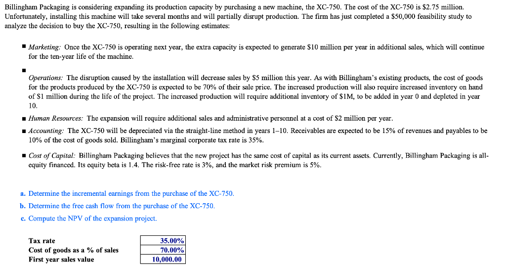 Please Include Excel Formulas as well, Thank you! Billingham Packaging is considering