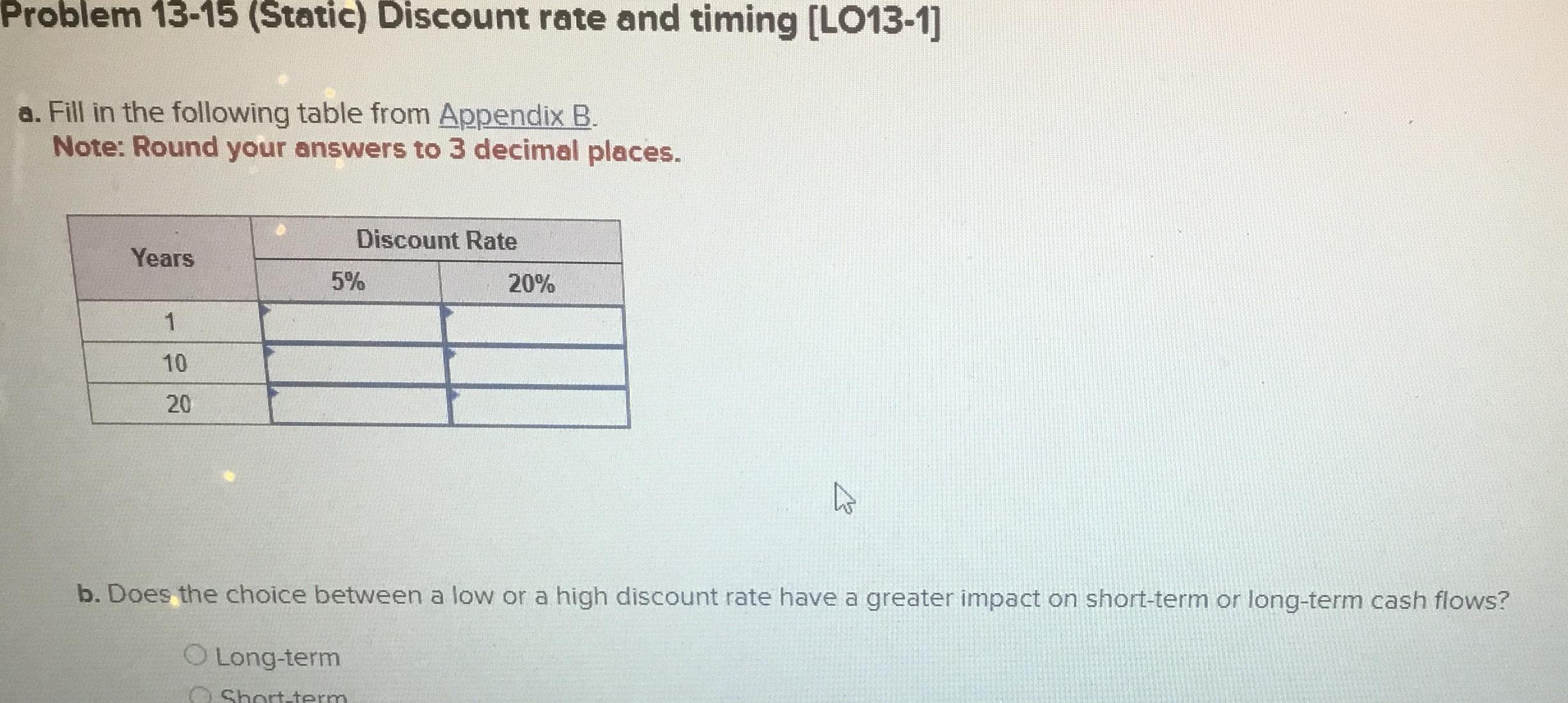  Problem 13-15(Static) Discount rate and timing [LO13-1] a. Fill in the