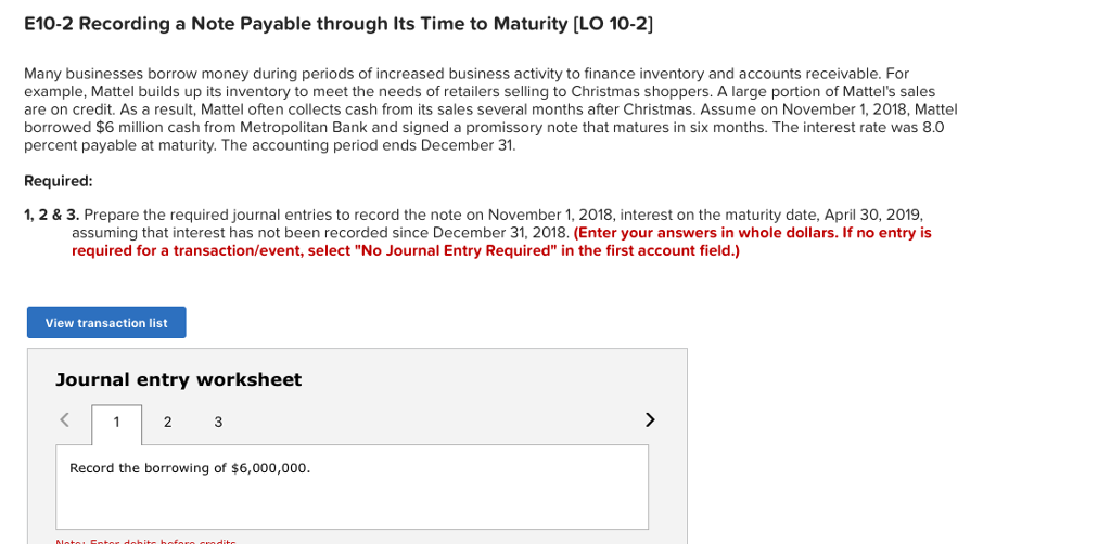  E10-2 Recording a Note Payable through Its Time to Maturity [LO