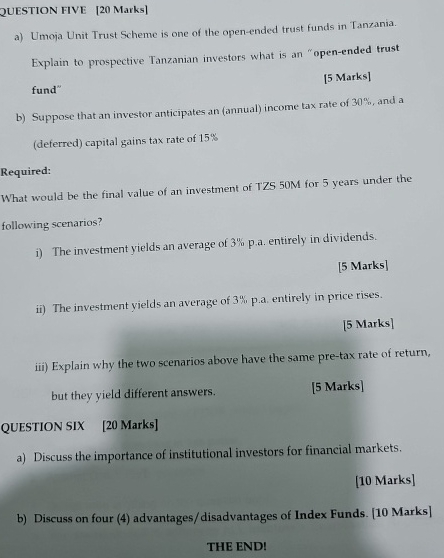  QUESTION FIVE [20 Marks] a) Umoja Unit Trust Scheme is one