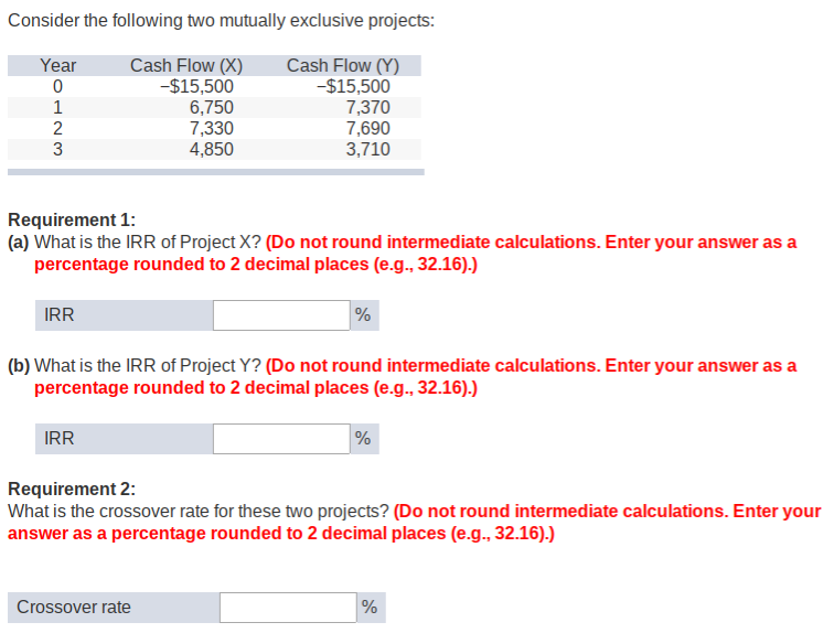Consider the following two mutually exclusive projects: YearCash Flow (X)Cash Flow