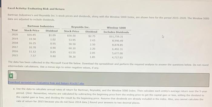  Year Excel Activity: Evaluating Risk and Return Bartman Industries's and Reynolds