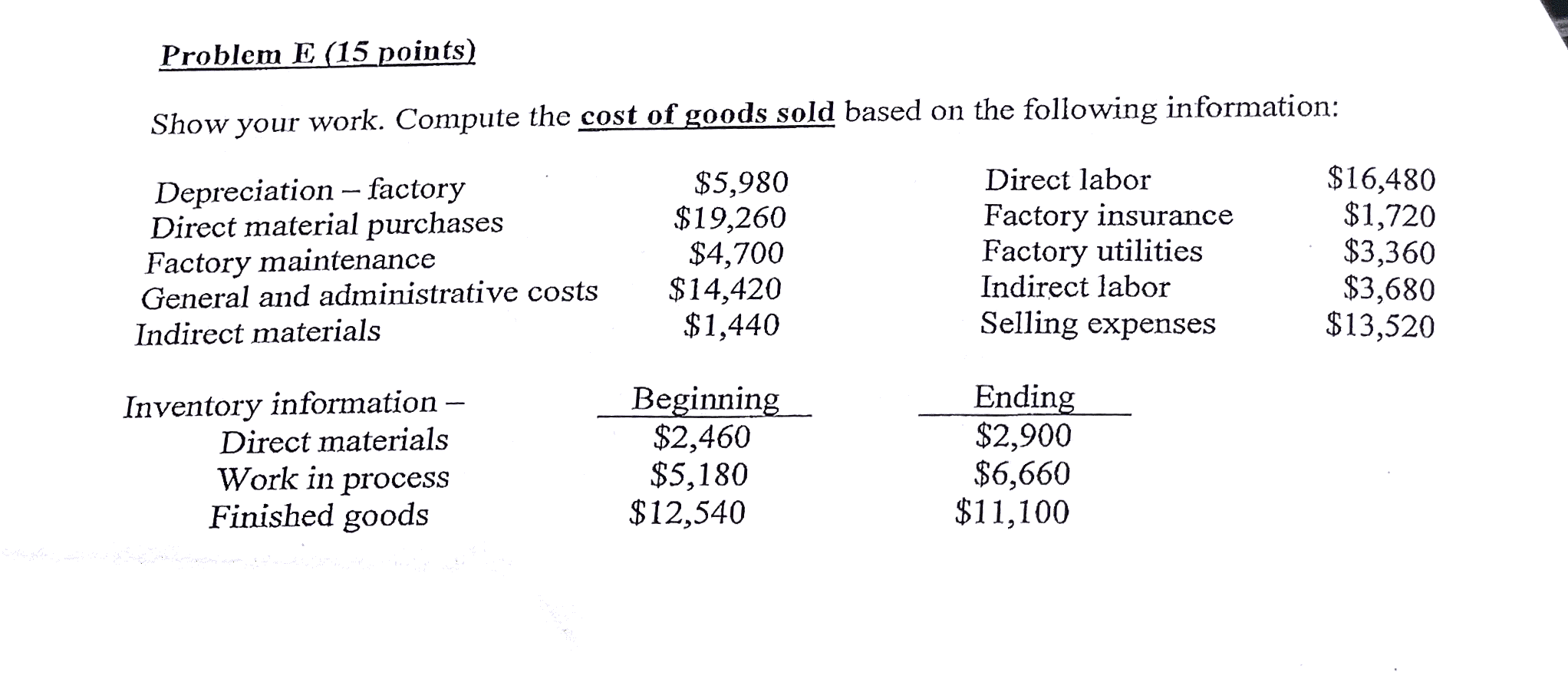 Problem E (15 points) Show your work. Compute the cost of goods