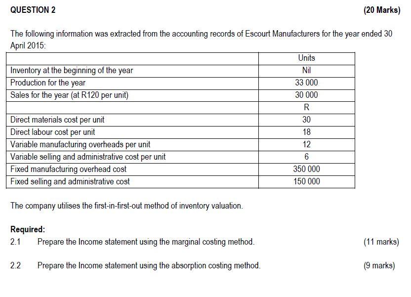  QUESTION 2 (20 Marks) The following information was extracted from the