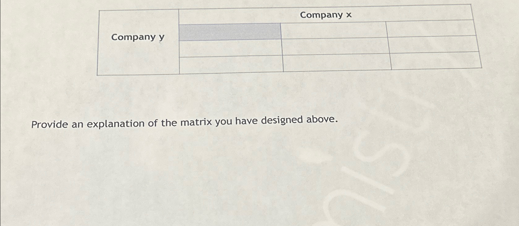 Company x Company Y Provide an explanation of the matrix you have