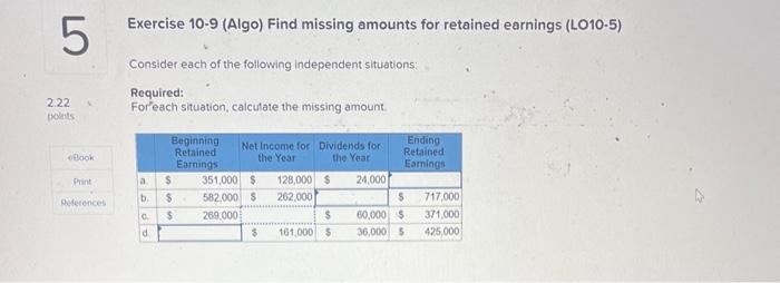 Exercise 10-9 (Algo) Find missing amounts for retained earnings (LO10-5) Consider