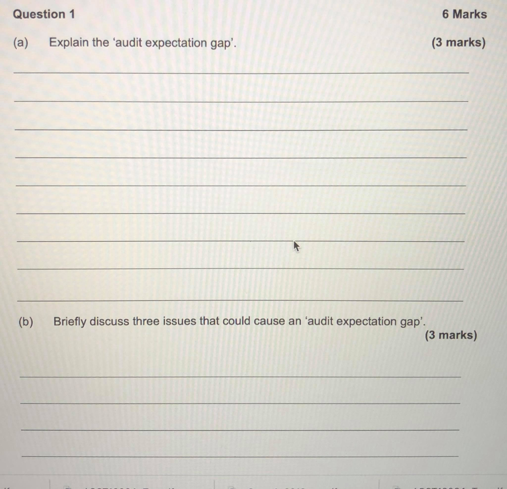  Question 1 6 Marks (a) Explain the 'audit expectation gap'. (3
