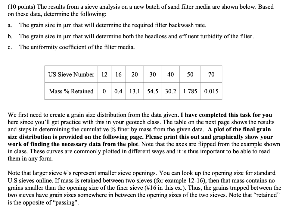  (10 points) The results from a sieve analysis on a new
