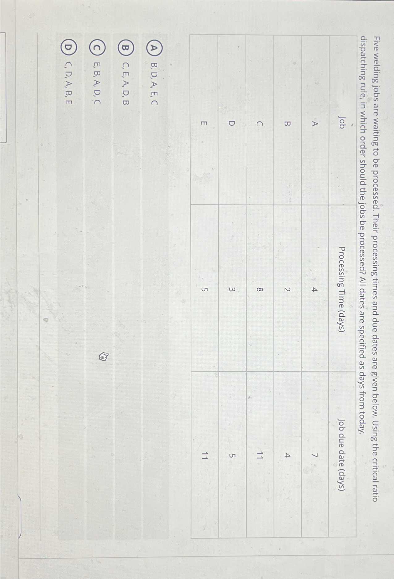  Five welding jobs are waiting to be processed. Their processing times