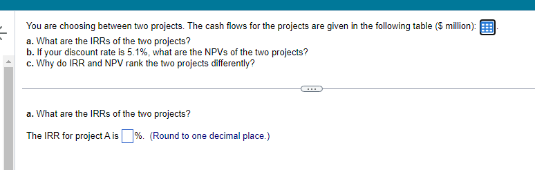  You are choosing between two projects. The cash flows for the