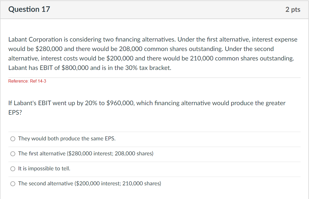  Labant Corporation is considering two financing alternatives. Under the first alternative,