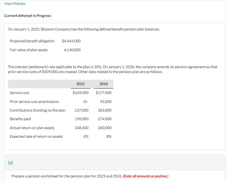  Current Attempt in Progress On January 1,2025, Blossom Company has the