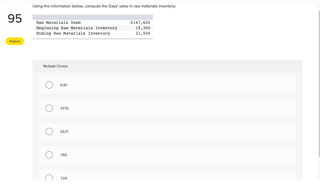 Using the information below, compute the Days' sales in raw materials