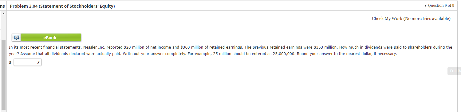 ns Problem 3.04 (Statement of Stockholders' Equity) eBook Question 9 of 9