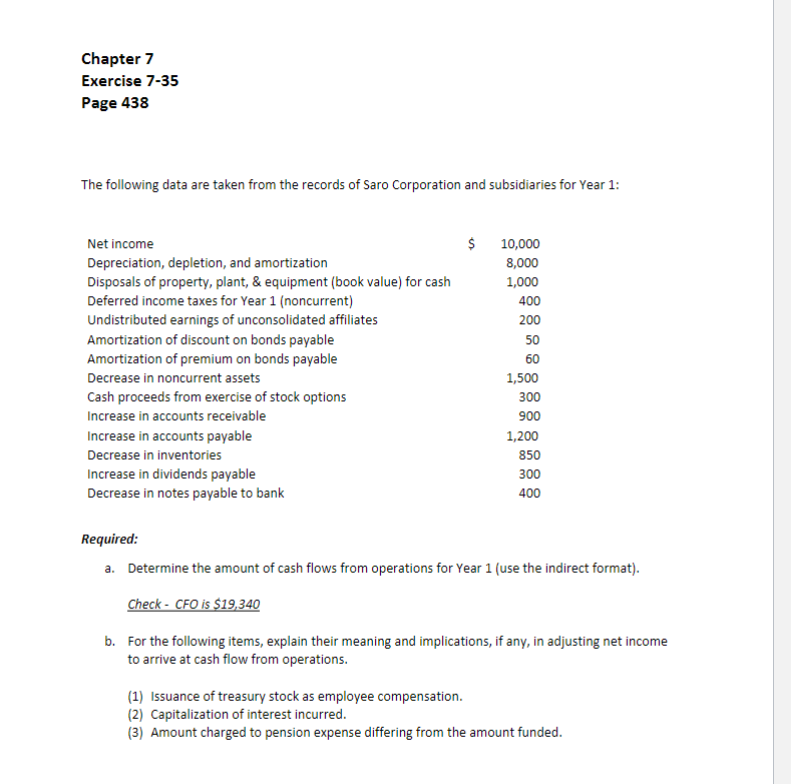  T Chapter 7 Exercise 7-35 Page 438 The following data are