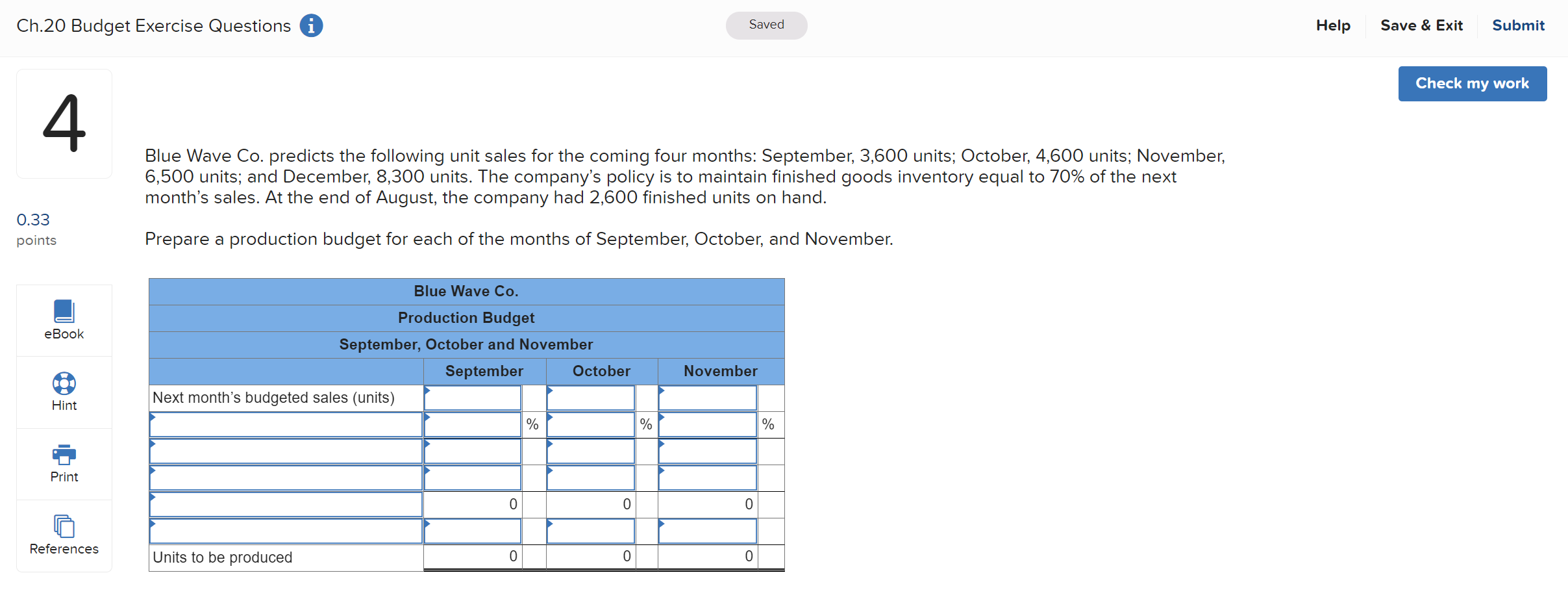 Ch.20 Budget Exercise Questions i Saved Help Save & Exit Submit