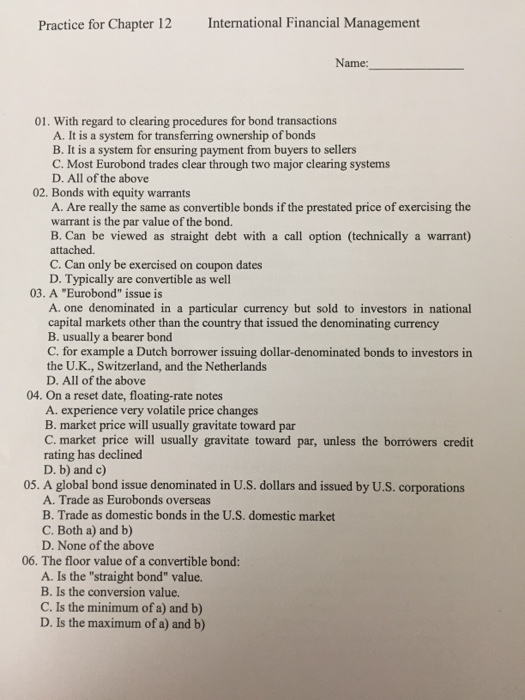  Practice for Chapter 12 International Financial Management Name: 01. With regard