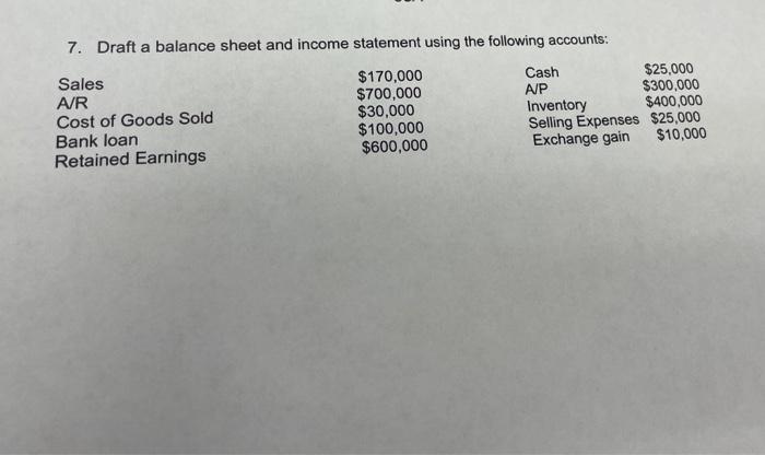  7. Draft a balance sheet and income statement using the following