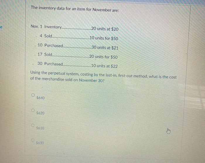  The inventory data for an item for November are: e Nov.