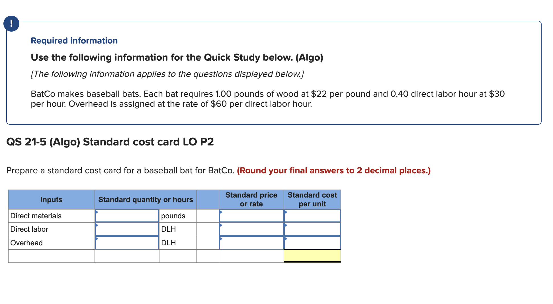  Required information Use the following information for the Quick Study below.