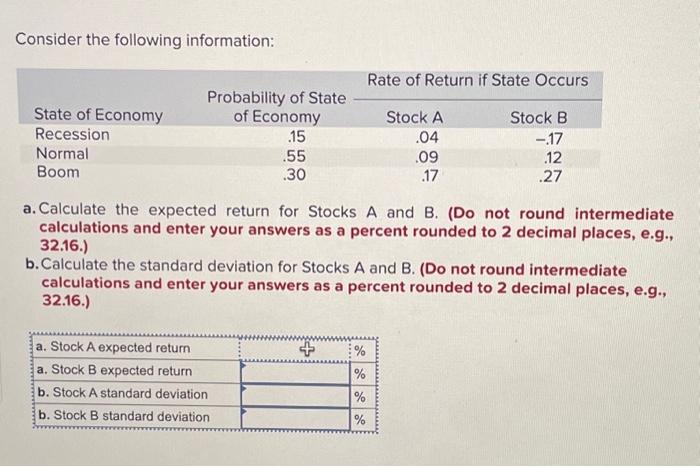  Consider the following information: a. Calculate the expected return for Stocks