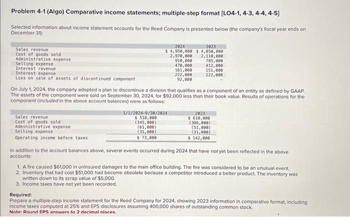 please answer only you know how Problem 4-1 (Algo) Comparative income