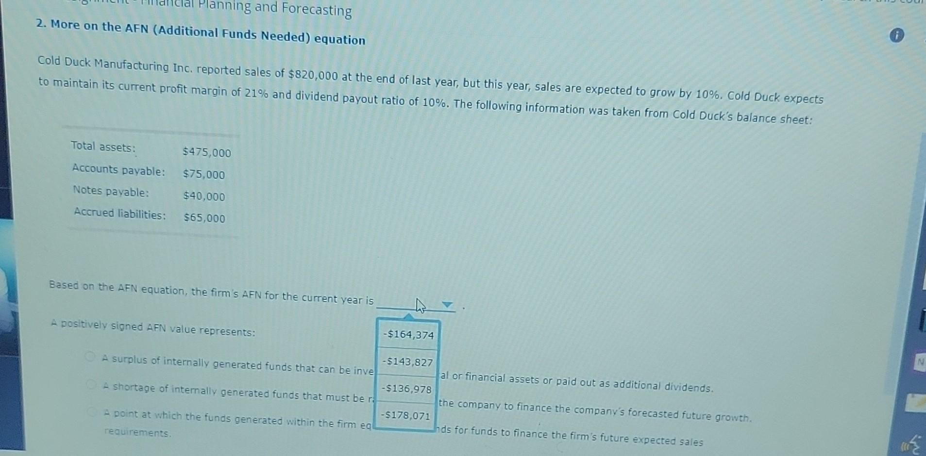 2. More on the AFN (Additional Funds Needed) equation Cold Duck