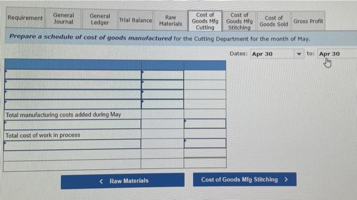 6.500 Work in process inventory-stitching 10., 180.500 Finished goods inventory 200, 100