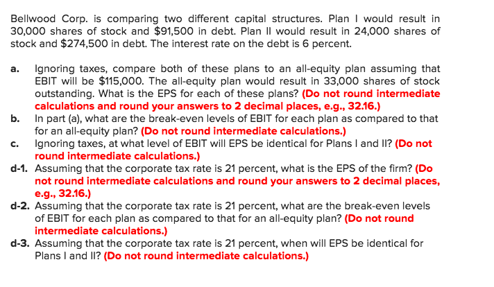  Bellwood Corp. is comparing two different capital structures. Plan I would