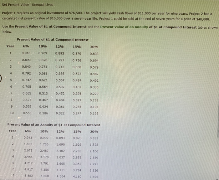  Net Present Value --Unequal Lives Project 1 requires an original investment