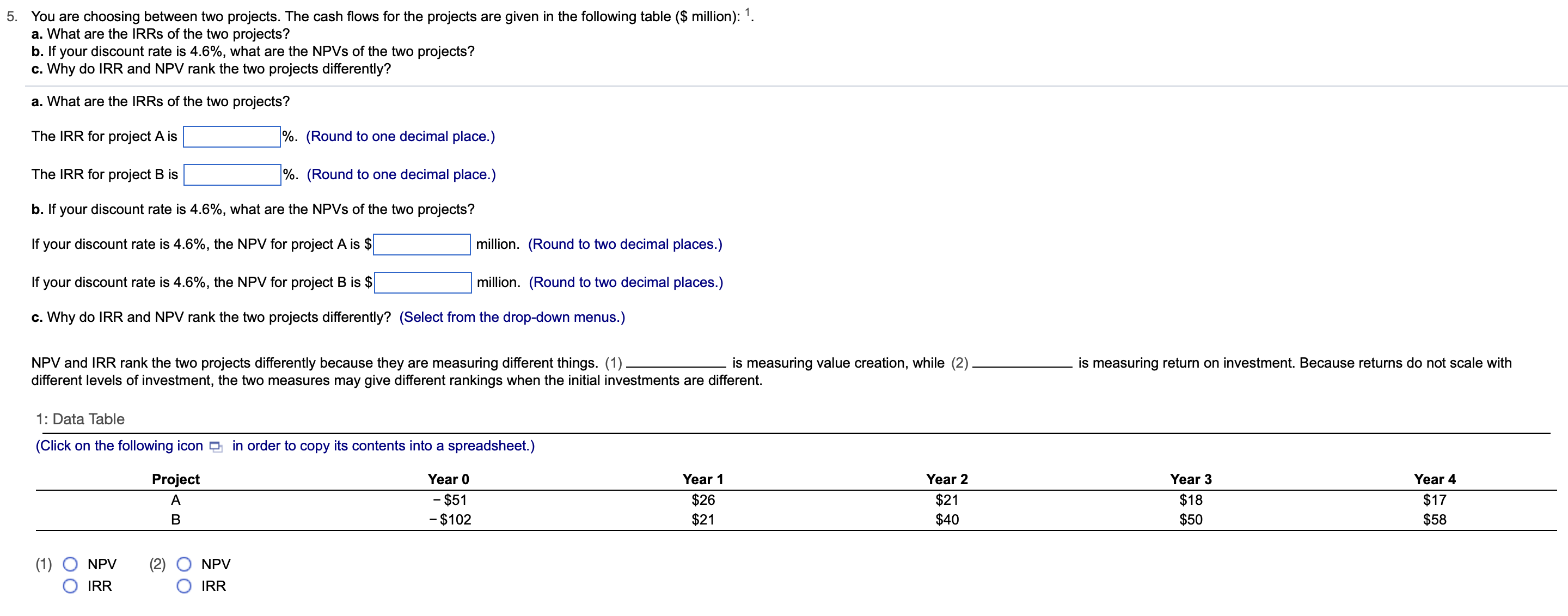  You are choosing between two projects. The cash flows for the